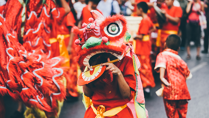 Lion dance for celebrating the Spring Festival