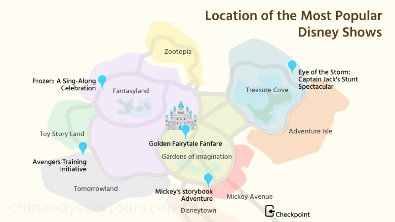 A map of most popular live shows in Disneyland